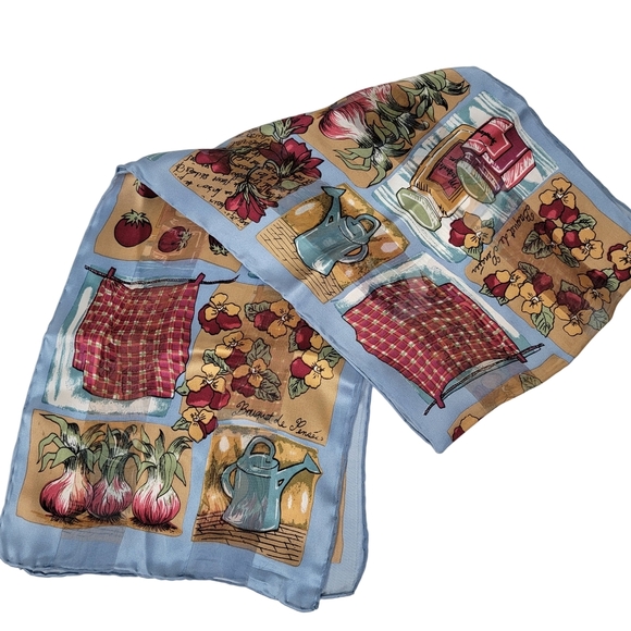 Source Unknown Accessories - Vintage Silk Scarf Rectangle Sheer Gardening Print Theme Hair Wrap Neck Tie